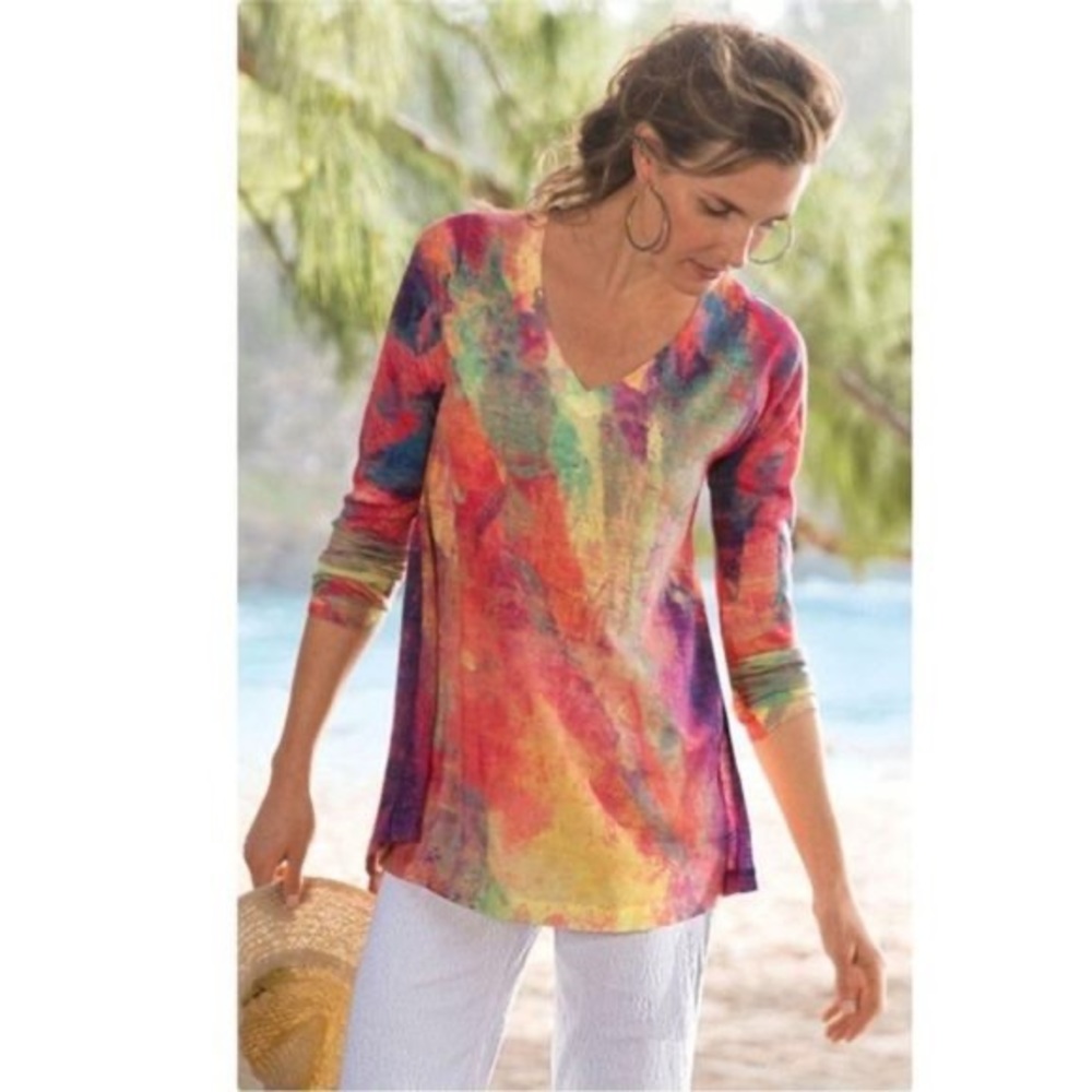 SOFT SURROUNDINGS Multi Color V-Neck Long Sleeve Top